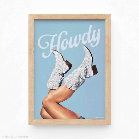 These Boots Glitter Cowgirl Art Print Blue Rodeo Wall Decor