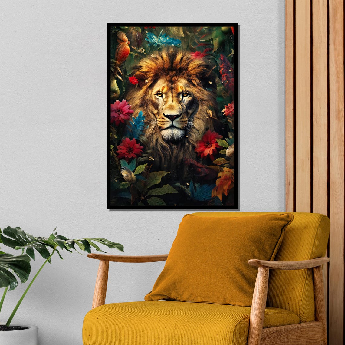 Majestic Lion Surrounded By Lush Tropical Flowers And Leaves Poster - Image 4