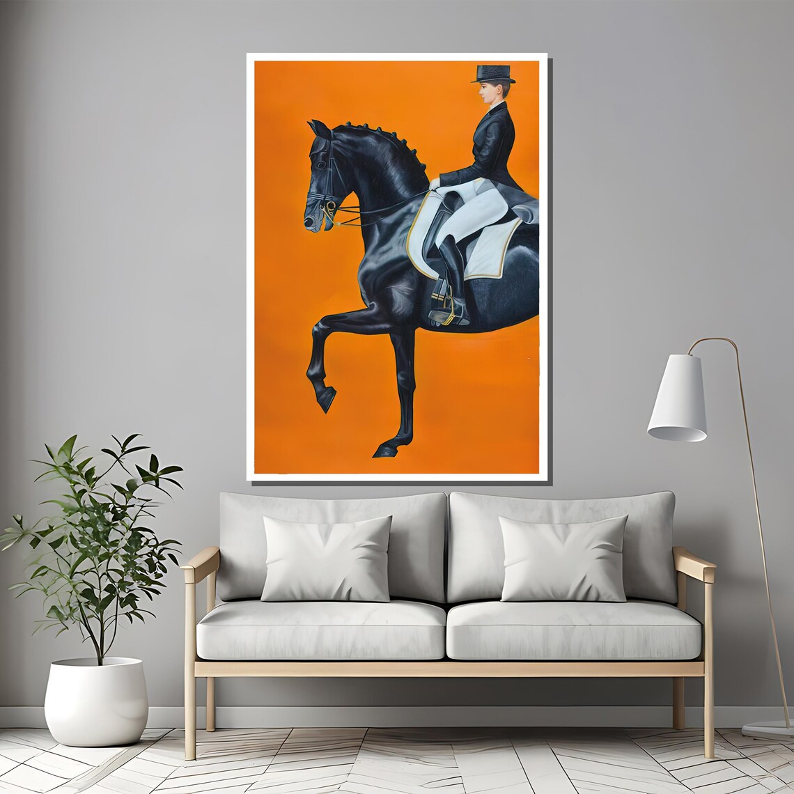 Equestrian Dressage Rider on Black Horse Bold Orange Art Poster - Image 2