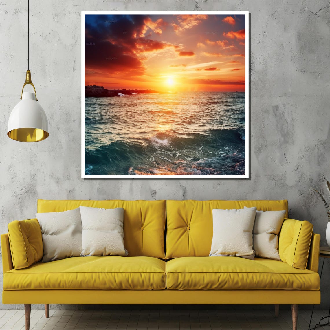 Fiery Ocean Sunset Golden Clouds Wave Seascape Painting Poster - Image 2