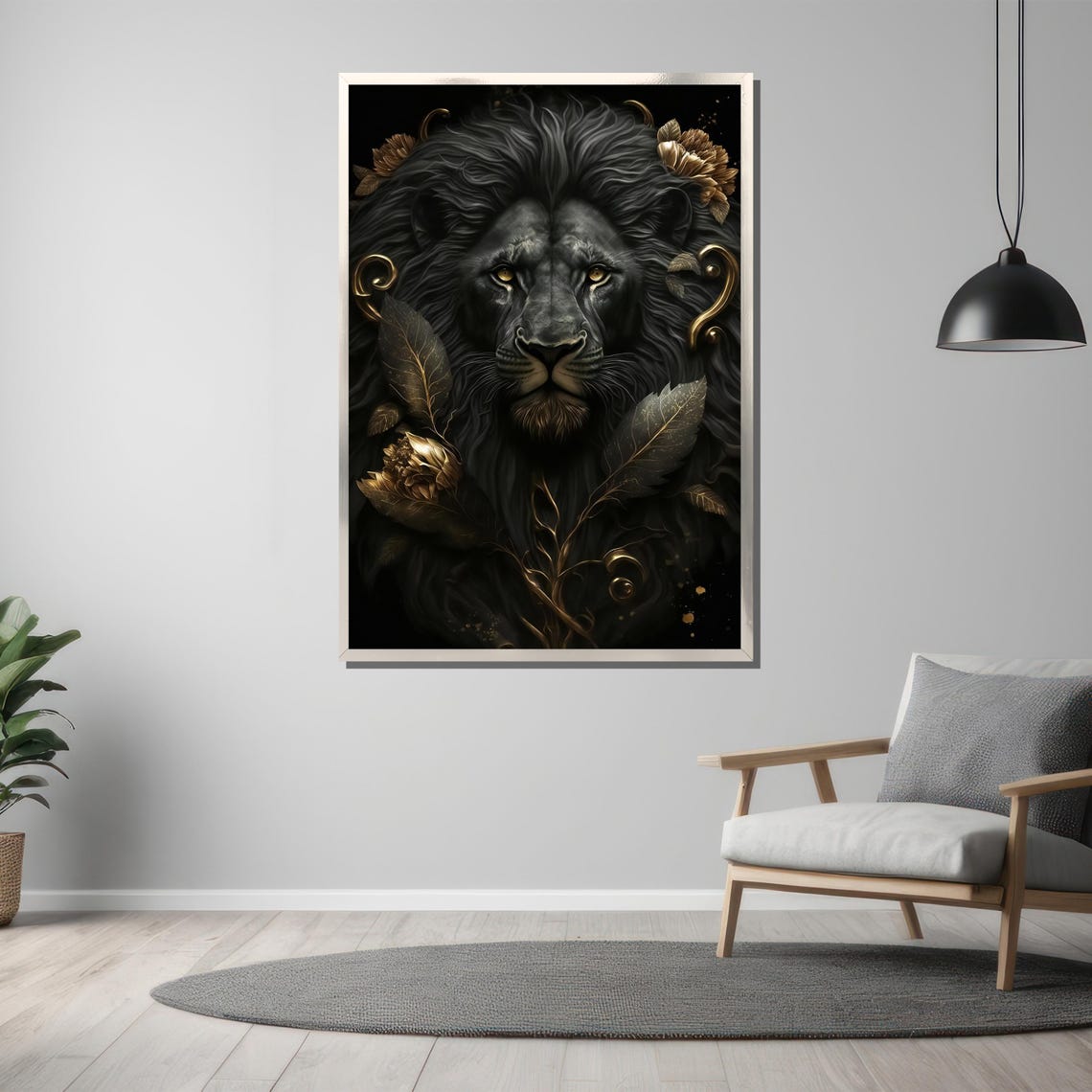 Black Lion With Golden Floral Accents On Dark Backdrop Poster - Image 3
