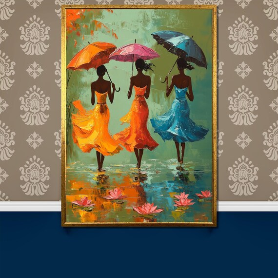 Romantic Three Women With Colorful Umbrellas Rainy Day Art Poster