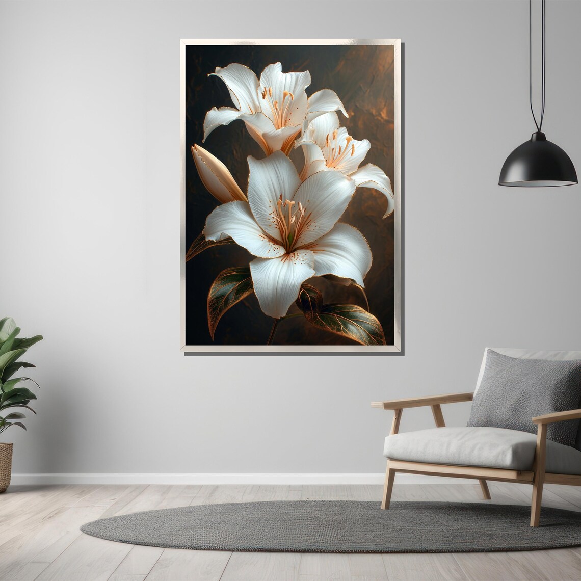 Elegant White Lily Flowers Dark Background Botanical Art Poster - Image 3
