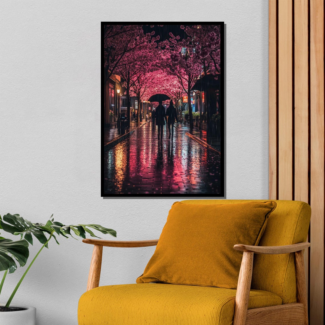 Cherry Blossom Rain Night Couple Under Umbrella City Street Poster - Image 4
