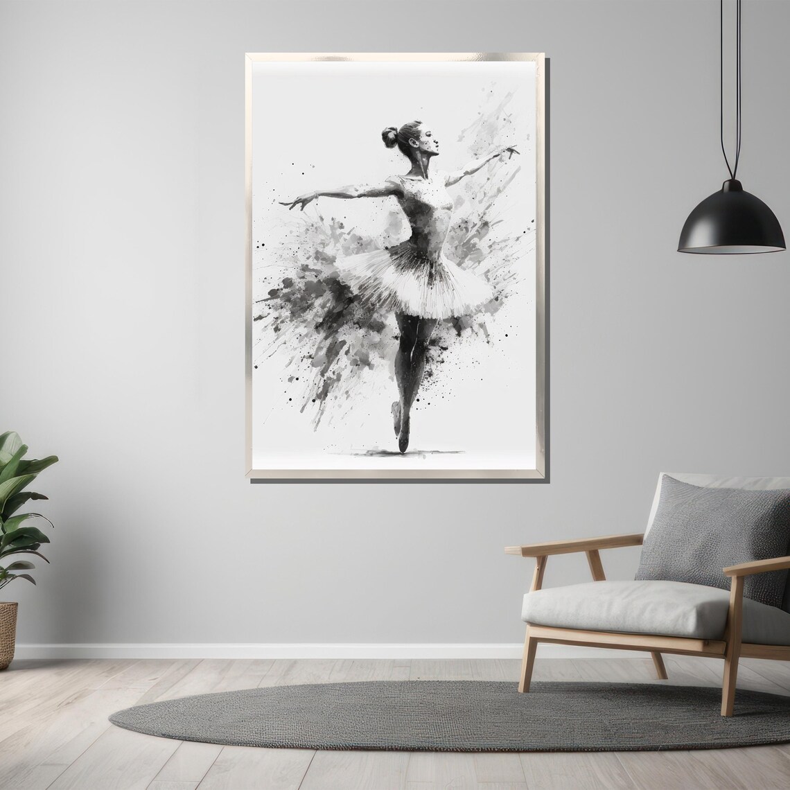 Black and White Watercolor Ballerina Ink Splash Sketch Poster - Image 3