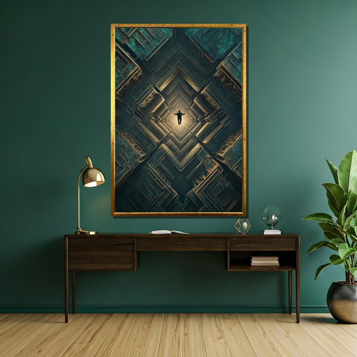 Floating Silhouette in a Dark Geometric Light Tunnel Art Poster - Image 5