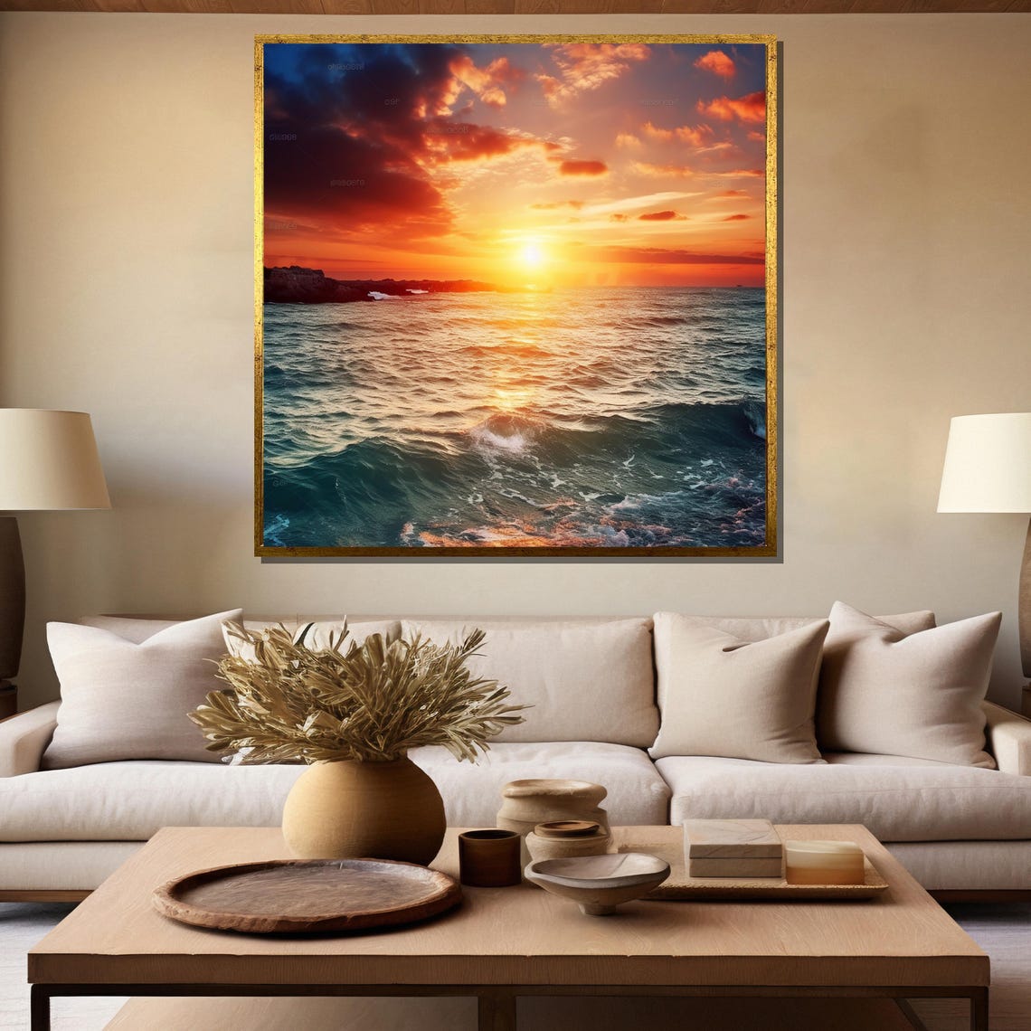 Fiery Ocean Sunset Golden Clouds Wave Seascape Painting Poster - Image 5