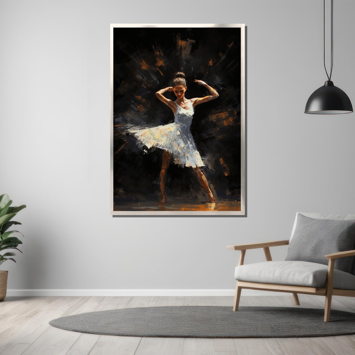 Ballerina in White Dress Dramatic Dark Stage Painting Poster - Image 3