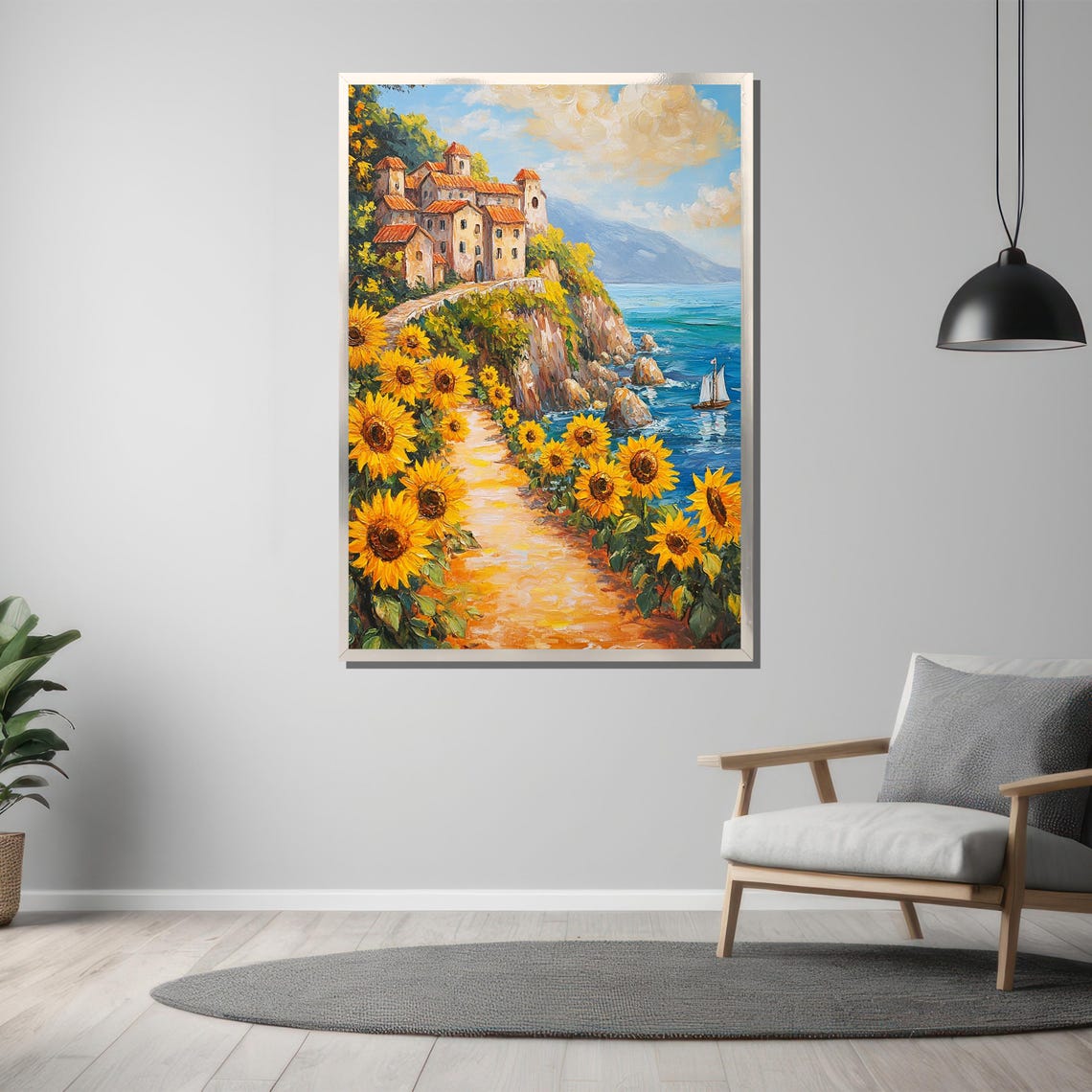 Sunflower Path to a Mediterranean Seaside Village Painting Poster - Image 3