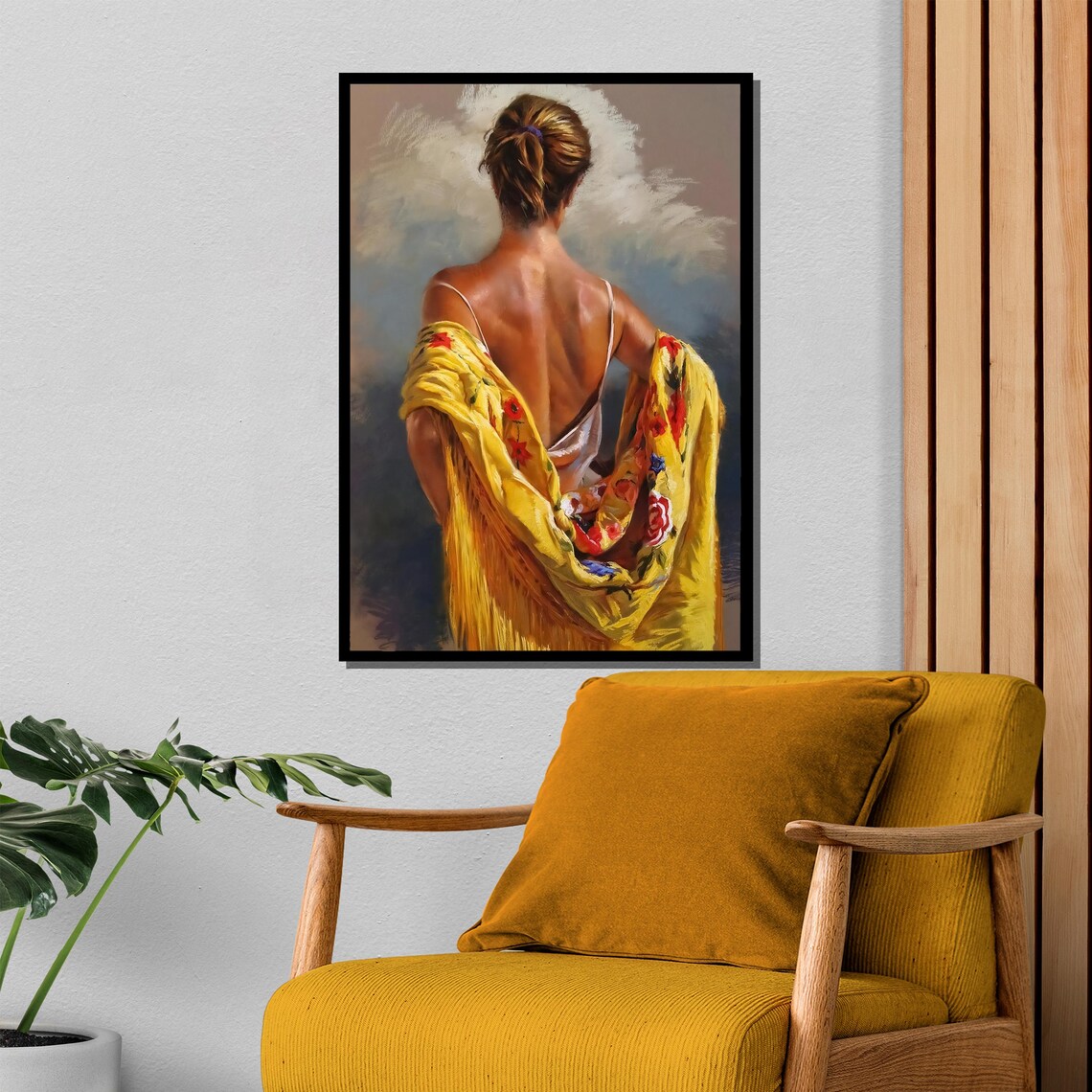 Elegant Woman With Yellow Floral Shawl Realistic Painting Poster - Image 4