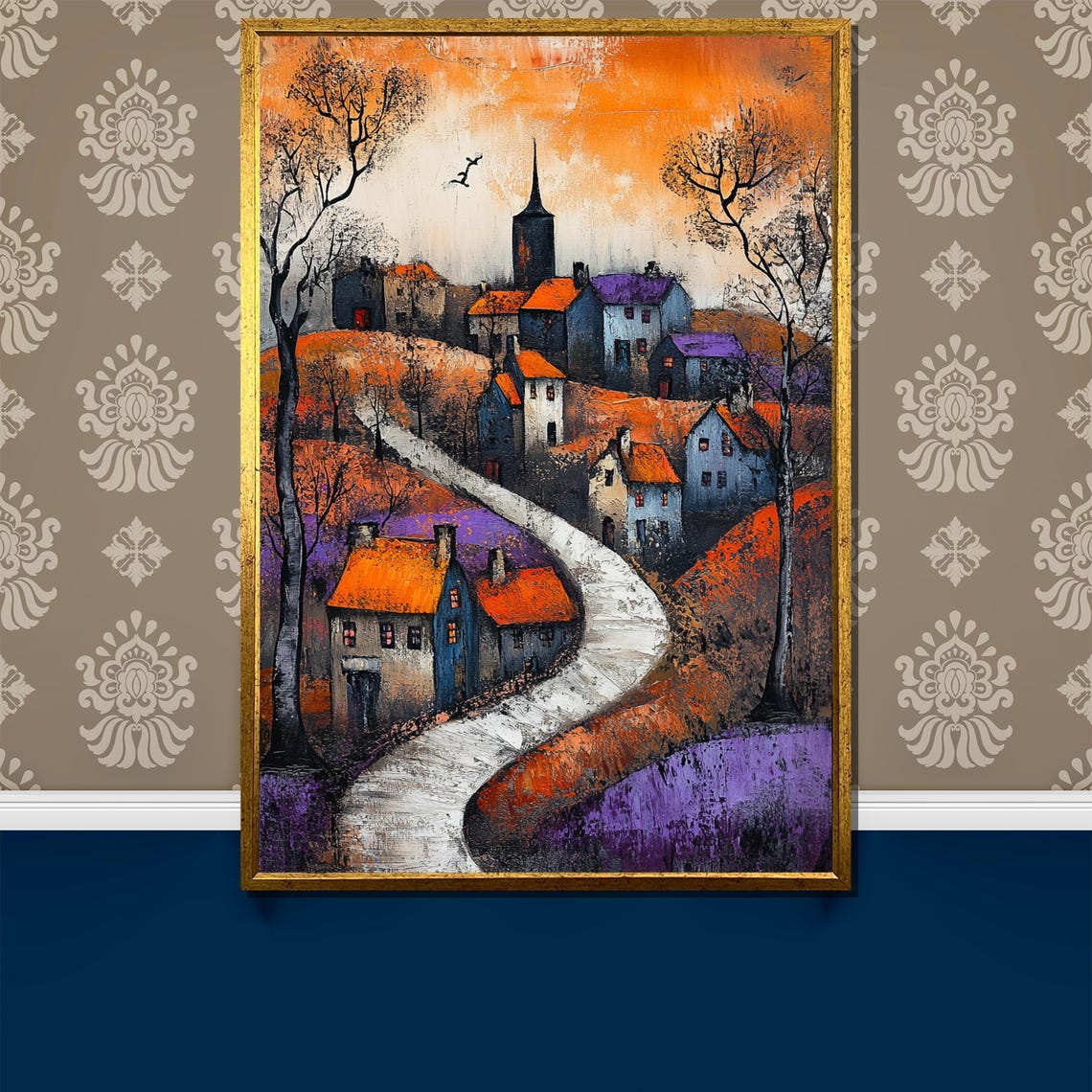 Village with Winding Path Orange Purple Sunset Landscape Poster