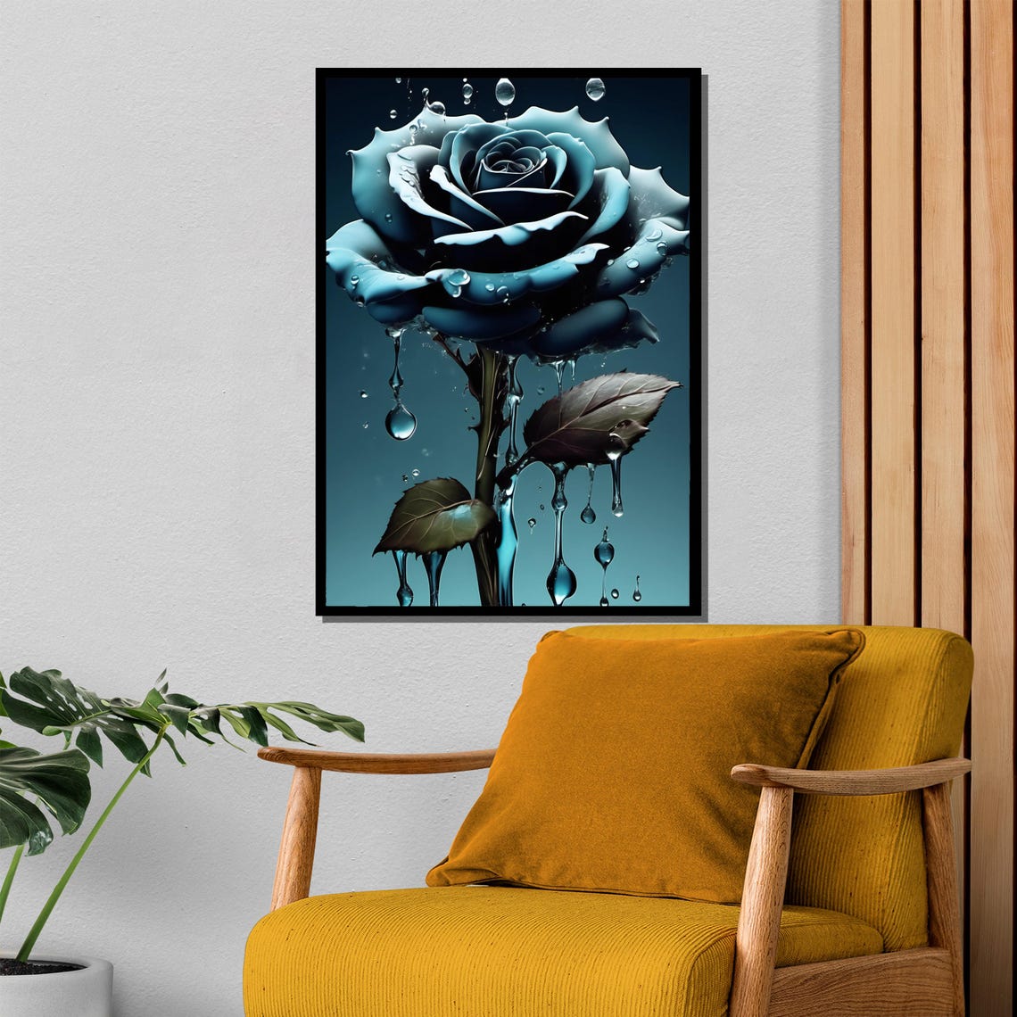 Surreal Dark Blue Rose With Dripping Water Droplets Art Poster - Image 4