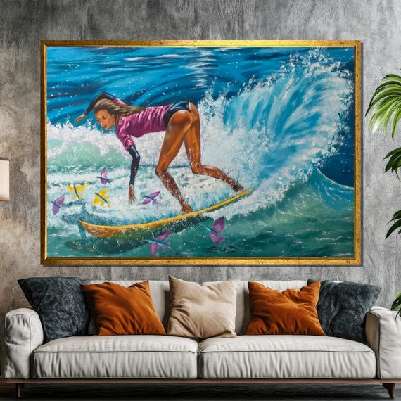 Dynamic Female Surfer Riding Waves Painting Vibrant Ocean Surf Art Ideal Gift For Beach Lovers Adventure Seekers Wall Decor