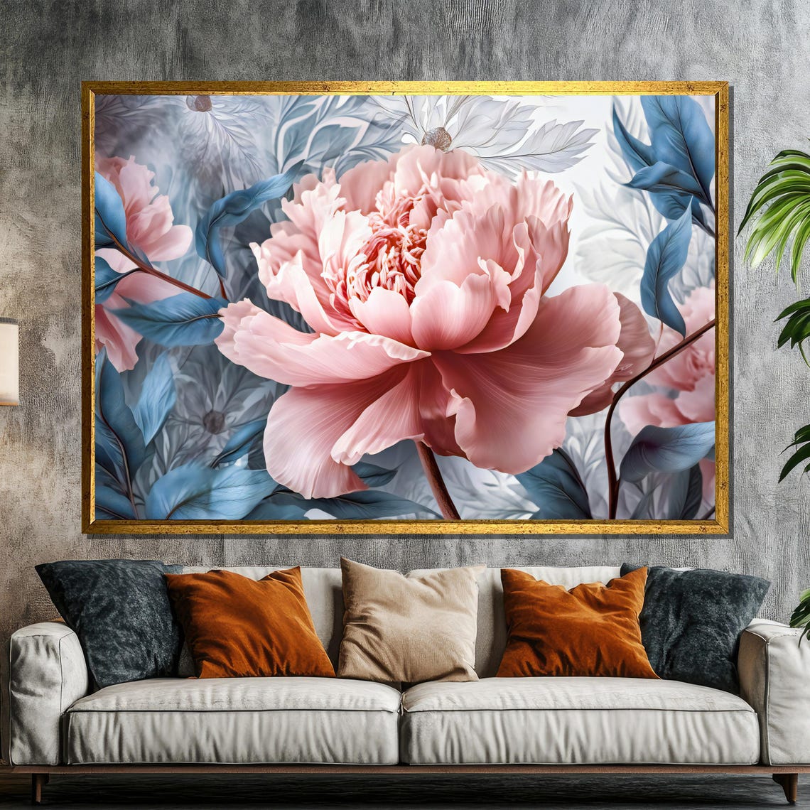 Romantic Pink Peony Pastel Blue Leaves Large Floral Art Poster
