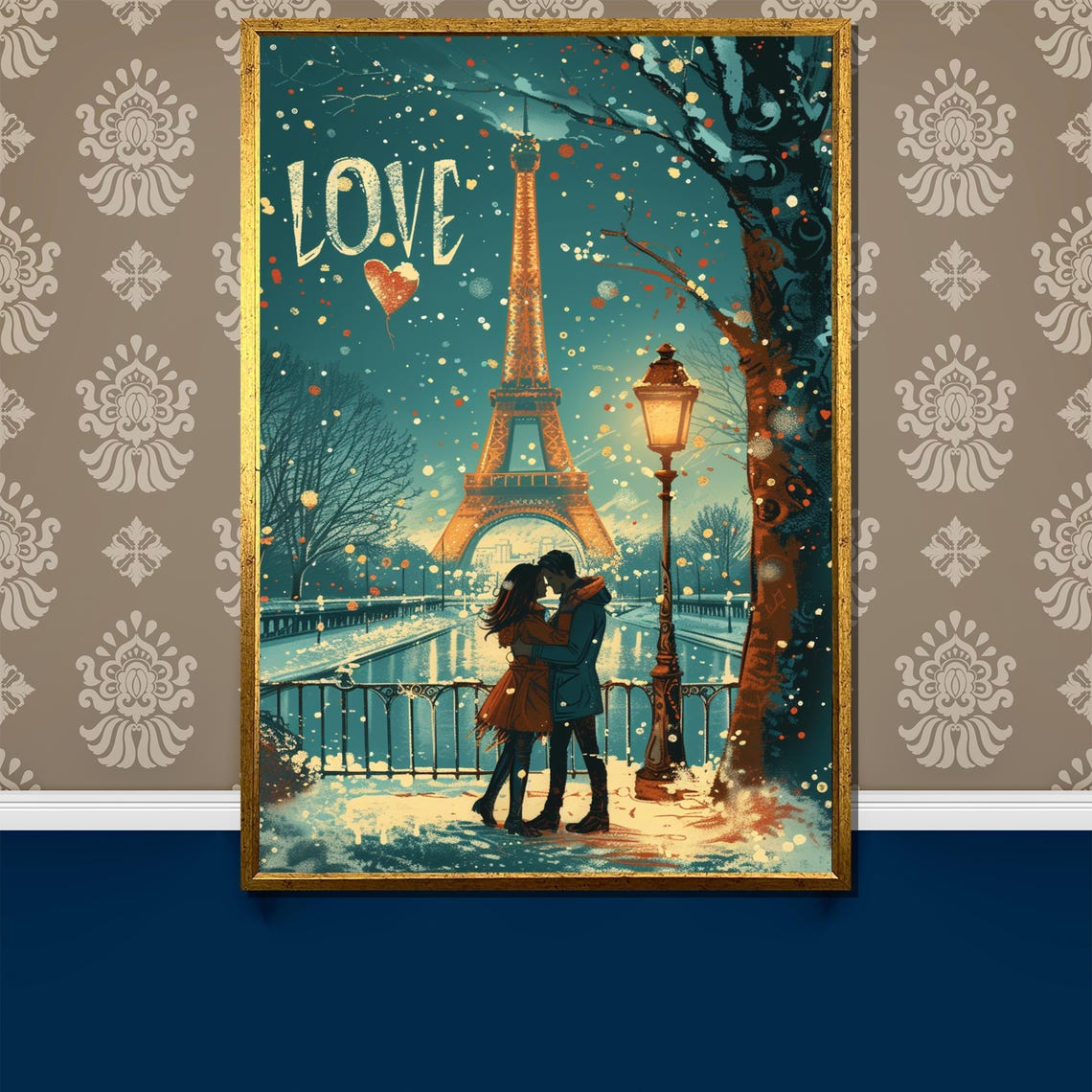 Winter Paris Eiffel Tower With Kissing Couple In Love Art Poster