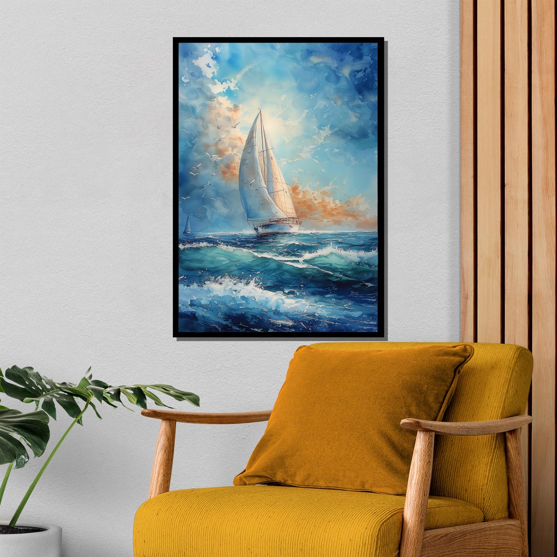 Sailboat Gliding Over Deep Blue Ocean Waves Watercolor Painting Poster - Image 4