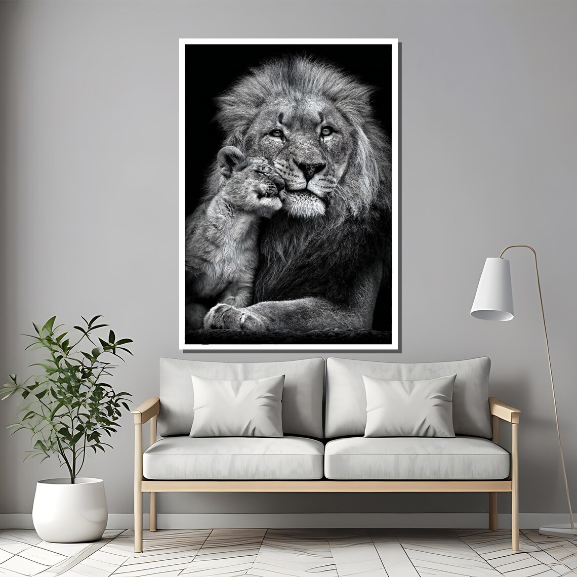 Lion and Cub Nuzzle Tender Black and White Wildlife Art Poster - Image 2