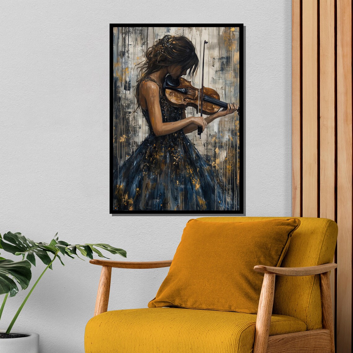 Violinist Woman in Dark Gown with Gold Accents Painting Poster - Image 4