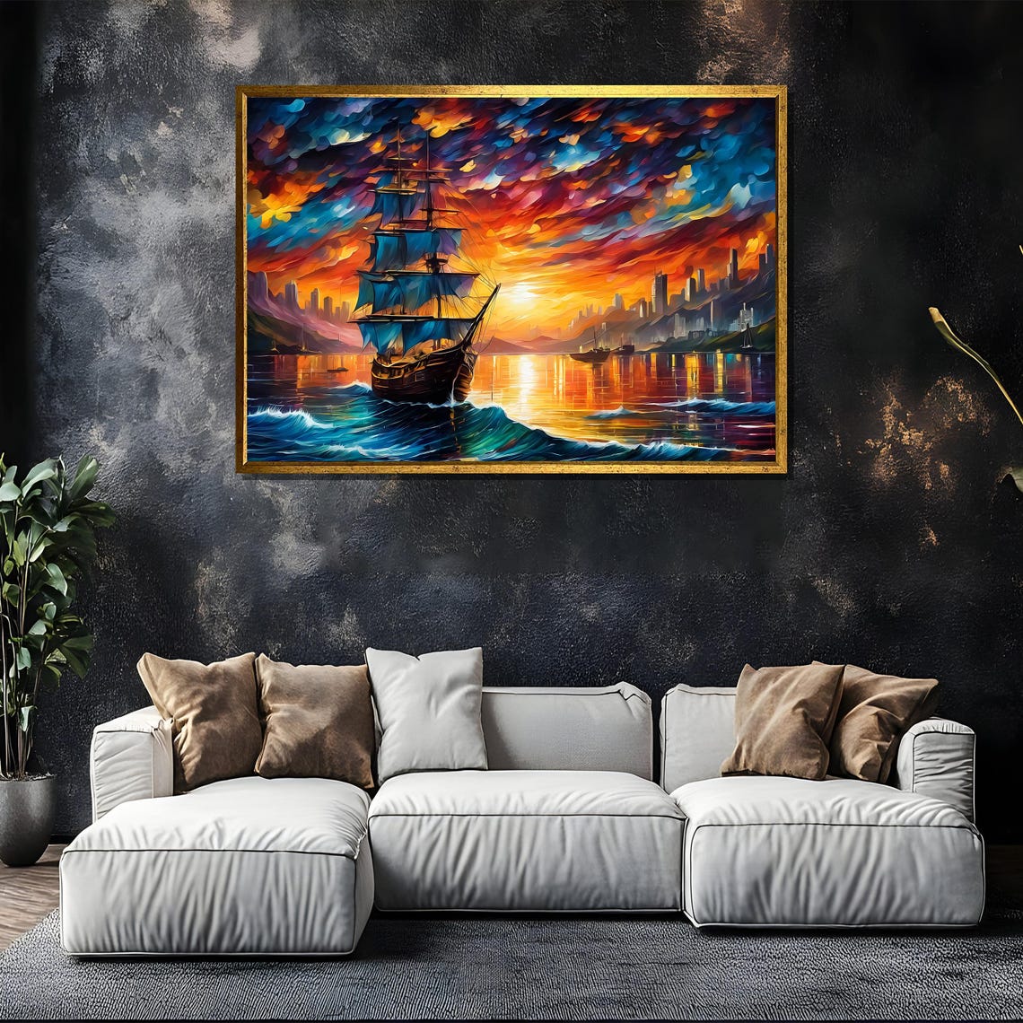 Tall Ship Sailing Into Sunset Harbor With City Skyline Painting Poster - Image 5