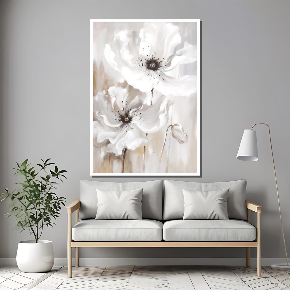 Serene White Poppy Bloom Neutral Beige Elegant Botanical Poster - Image 2