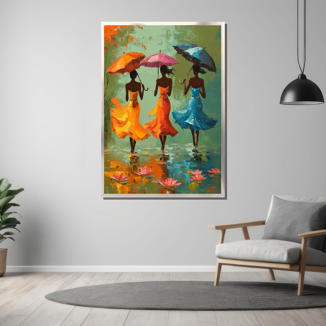 Romantic Three Women With Colorful Umbrellas Rainy Day Art Poster - Image 3