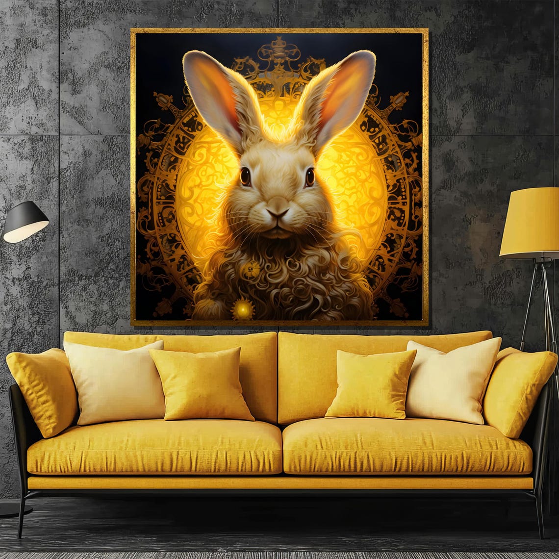 Enchanted Golden Rabbit Before A Glowing Ornamental Halo Poster