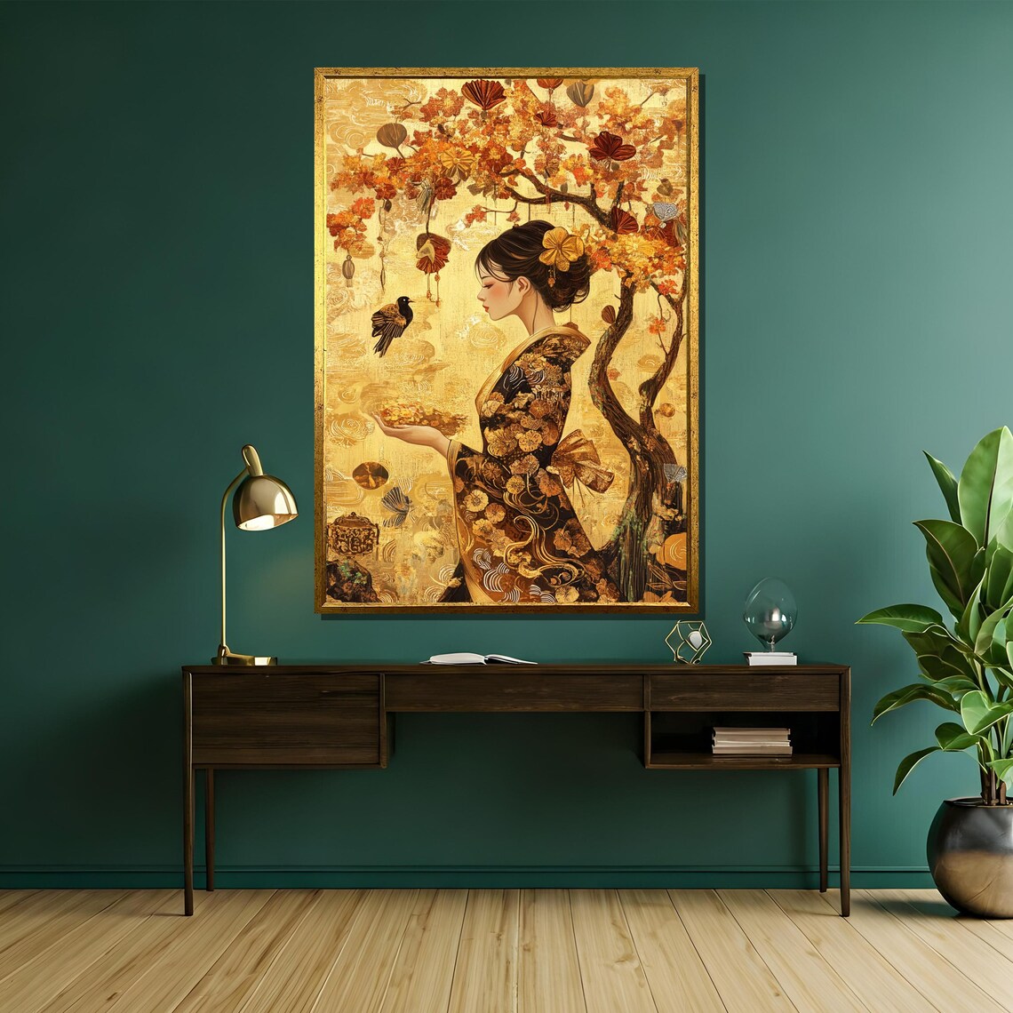 Golden Kimono Woman Beneath Blazing Autumn Tree Japanese Art Poster - Image 5