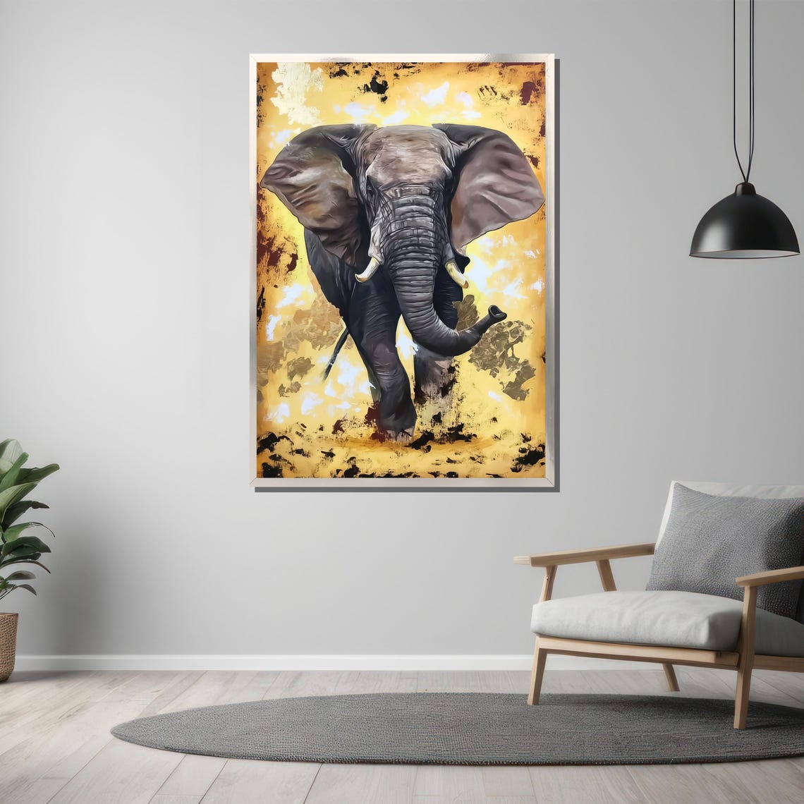 Powerful Charging Elephant On A Golden Abstract Backdrop Poster - Image 3