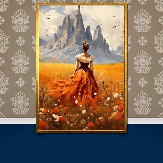 Majestic Woman In Field With Mountain View Painting Dreamy Landscape Wall Art Unique Gift For Nature And Art Lovers