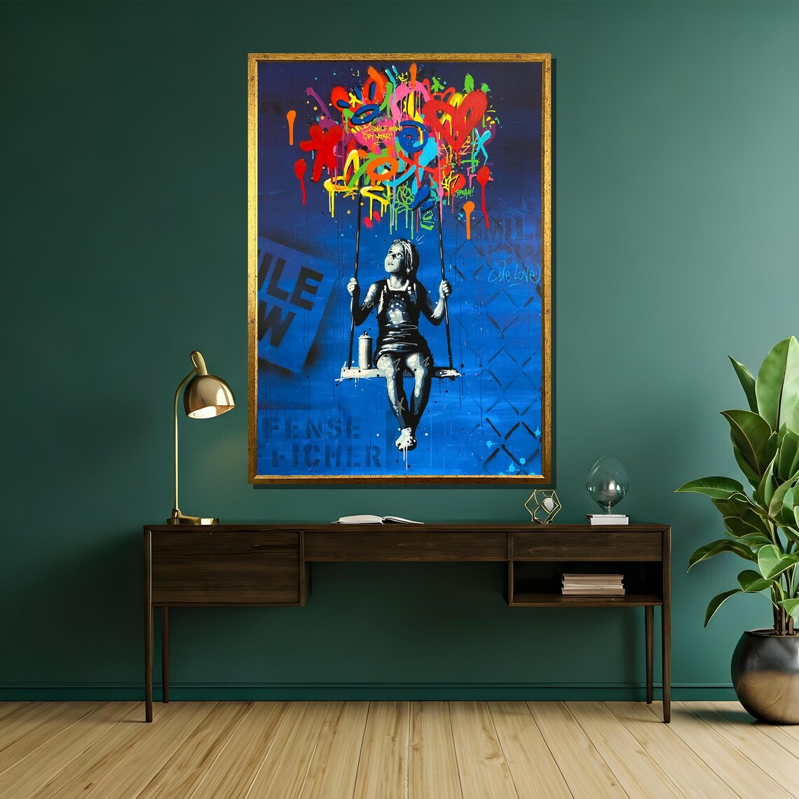 Banksy Style Girl On Swing With Graffiti Balloon Blue Art Poster - Image 5