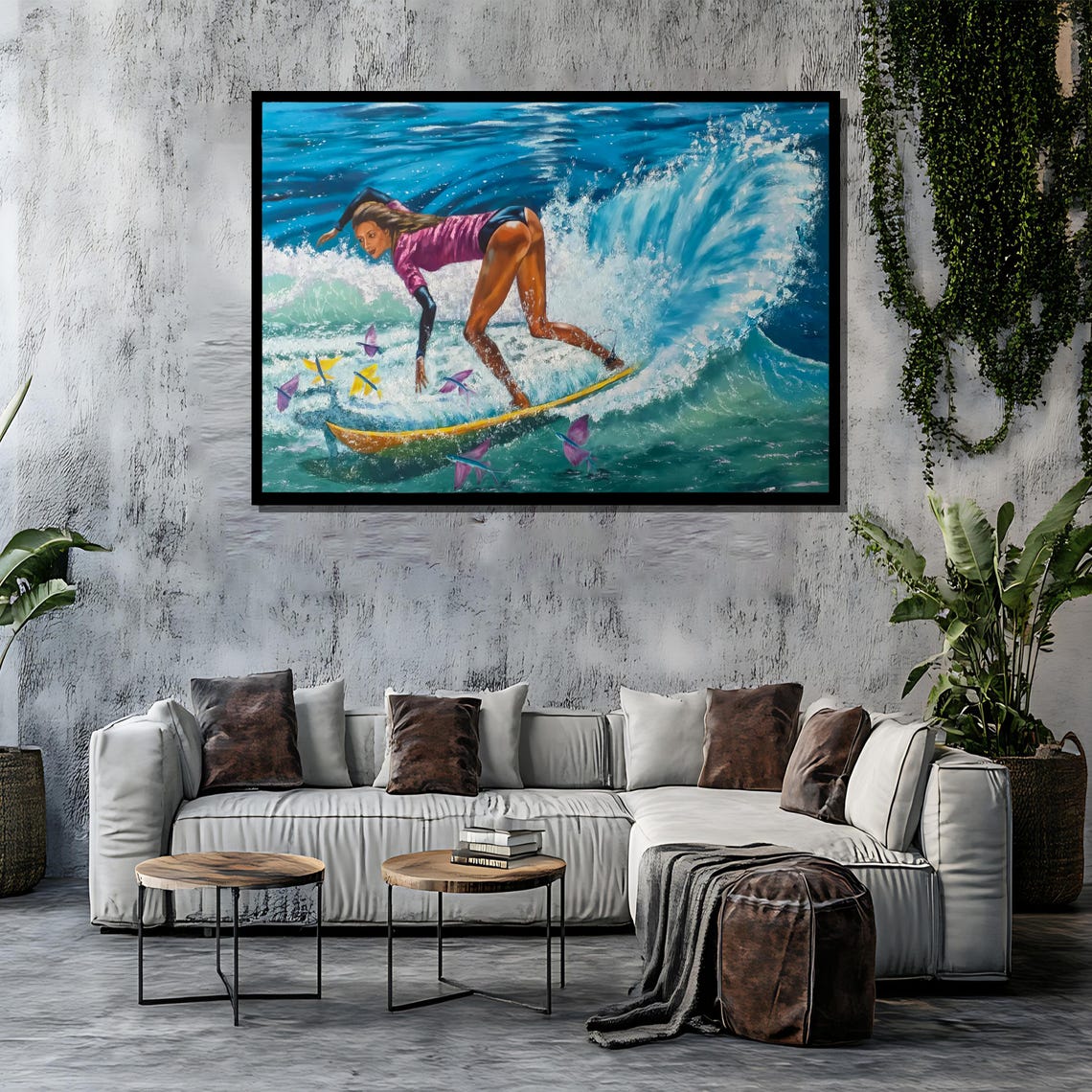Dynamic Female Surfer Riding Waves Painting Vibrant Ocean Surf Art Ideal Gift For Beach Lovers Adventure Seekers Wall Decor - Image 4