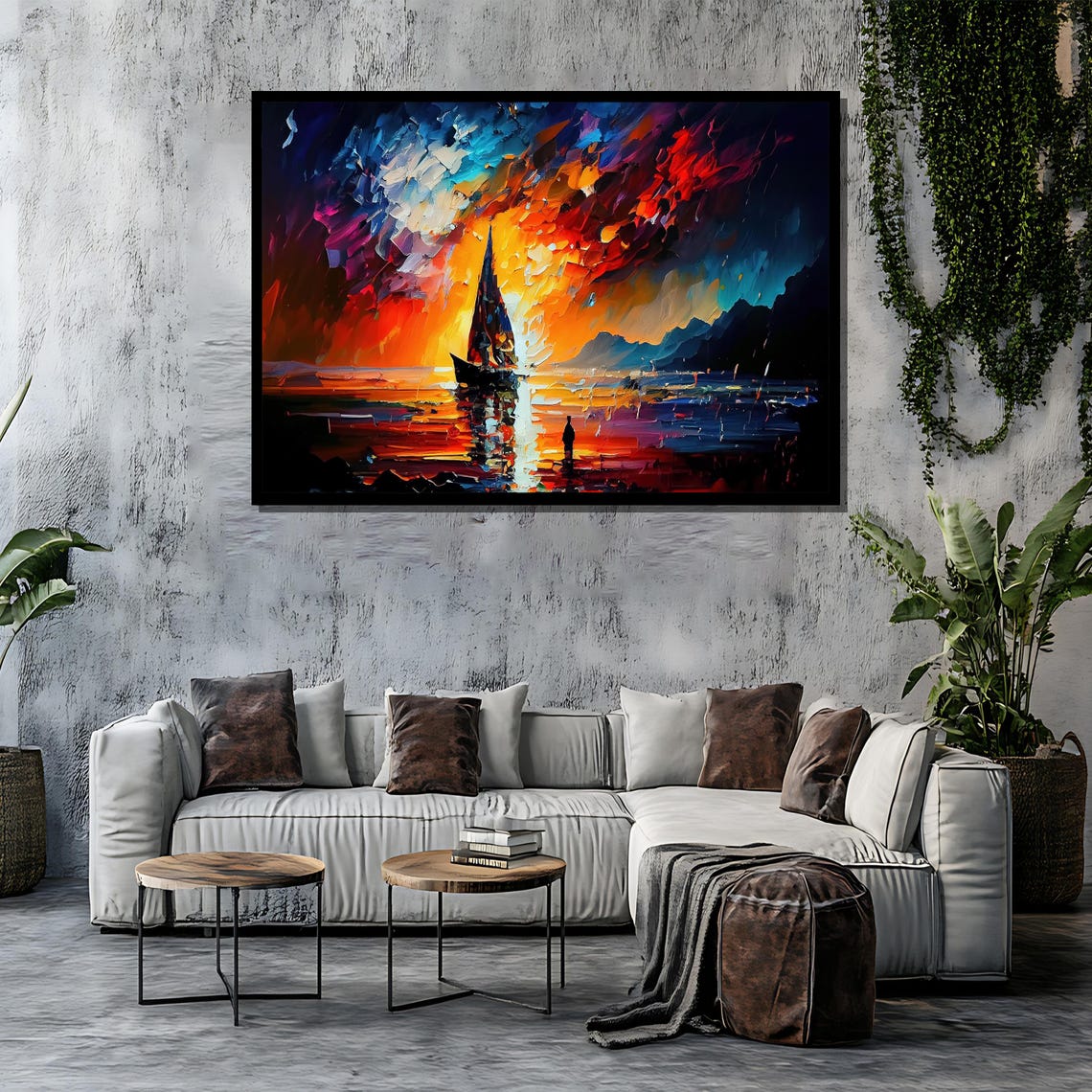 Lone Sailboat Under Fiery Red Impasto Sky Dramatic Seascape Poster - Image 4