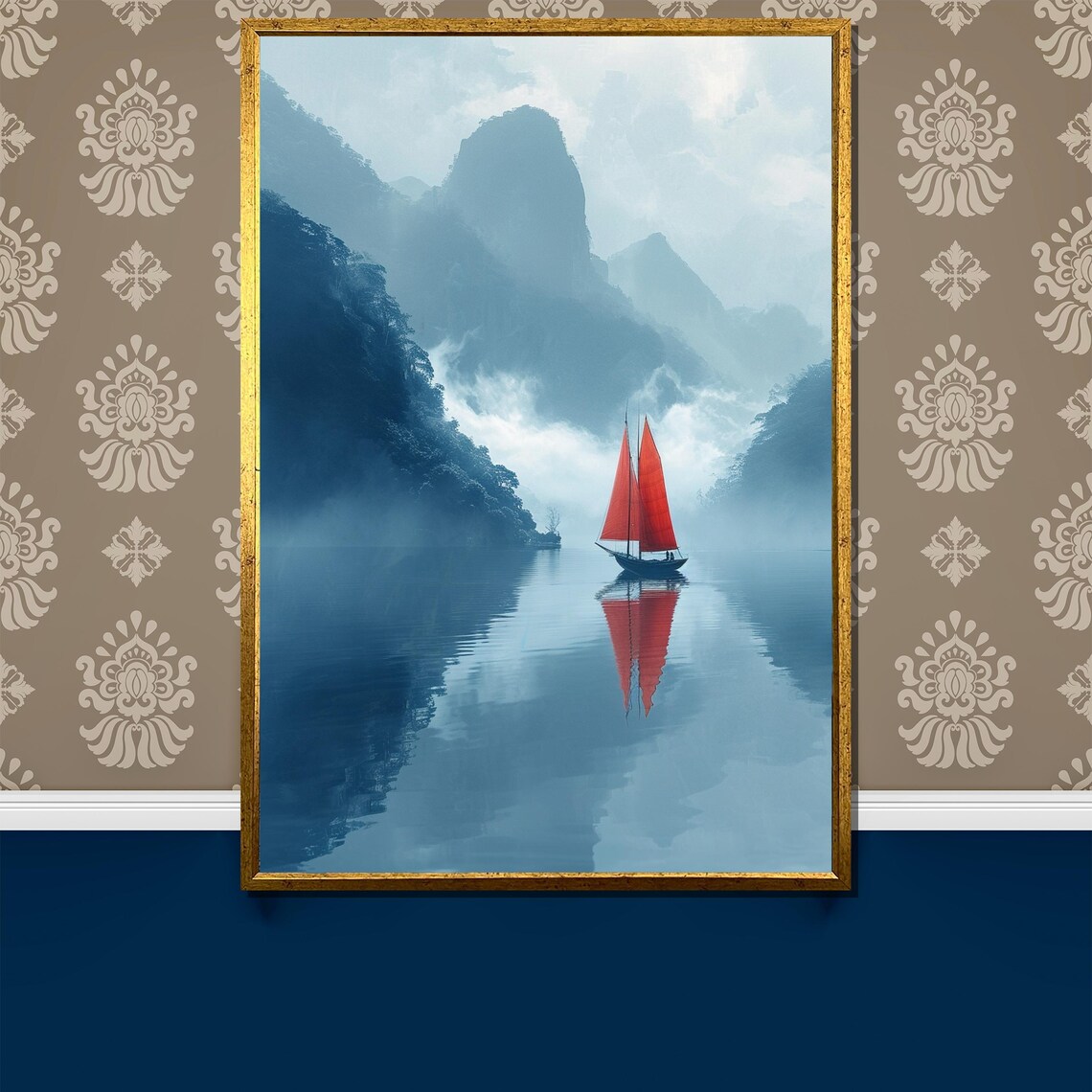 Red Sailed Boat on Misty Asian Mountain Lake Serene Painting Poster