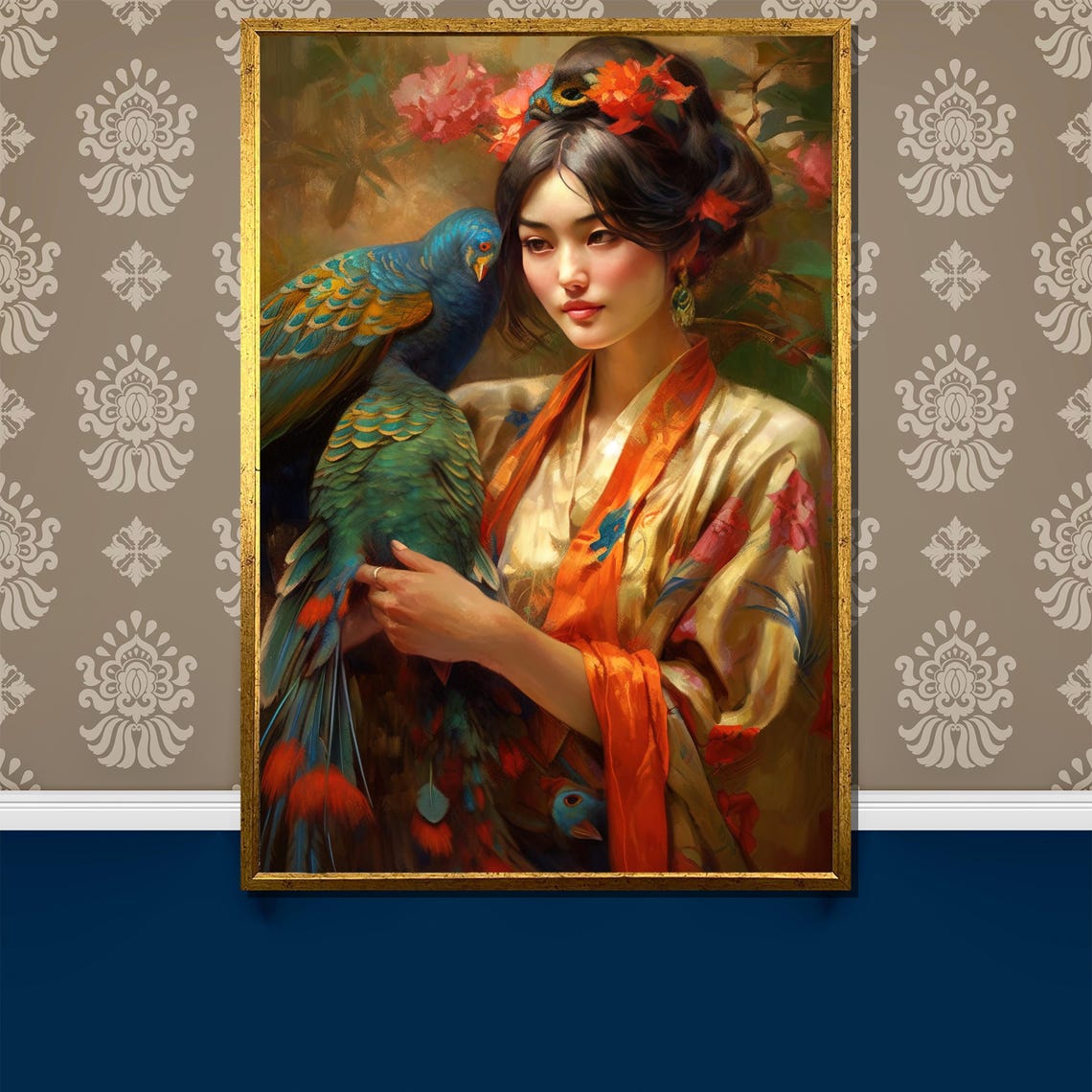 Elegant Oriental Woman With Parrot In Exotic Garden Art Poster