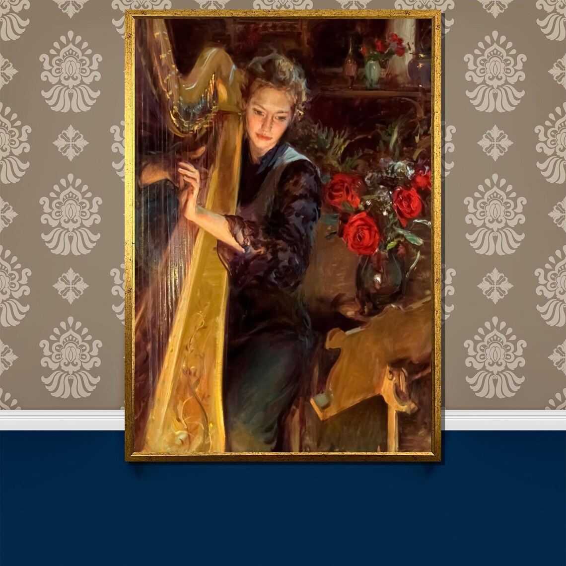 Woman Playing Golden Harp Classical Music Roses Painting Poster