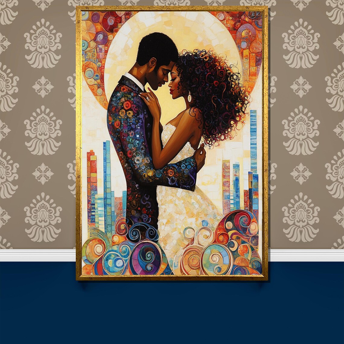 Black Couple Embracing Before A Colorful Mosaic City Skyline Poster