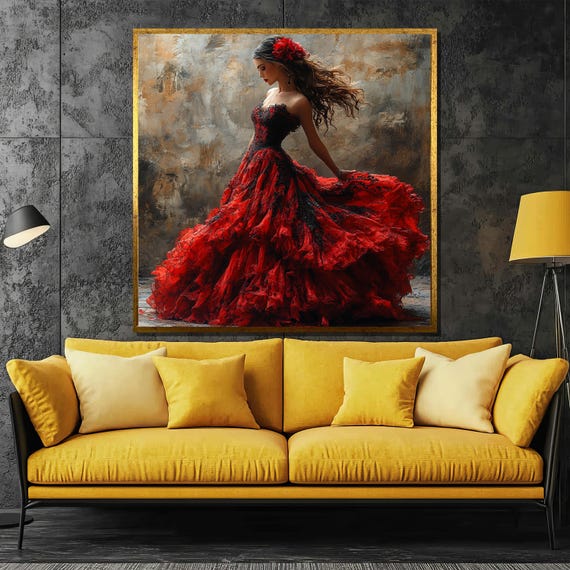 Elegant Flamenco Lady In Flowing Red Dress Painting Stunning Wall Art Gift For Dancers And Modern Home Decor