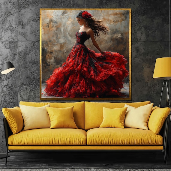 Elegant Flamenco Lady in Flowing Red Ruffles Rose Hair Art Poster