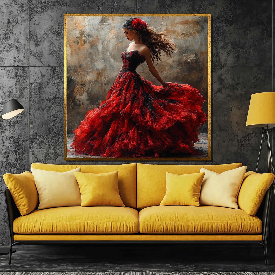 Elegant Flamenco Lady in Flowing Red Ruffles Rose Hair Art Poster