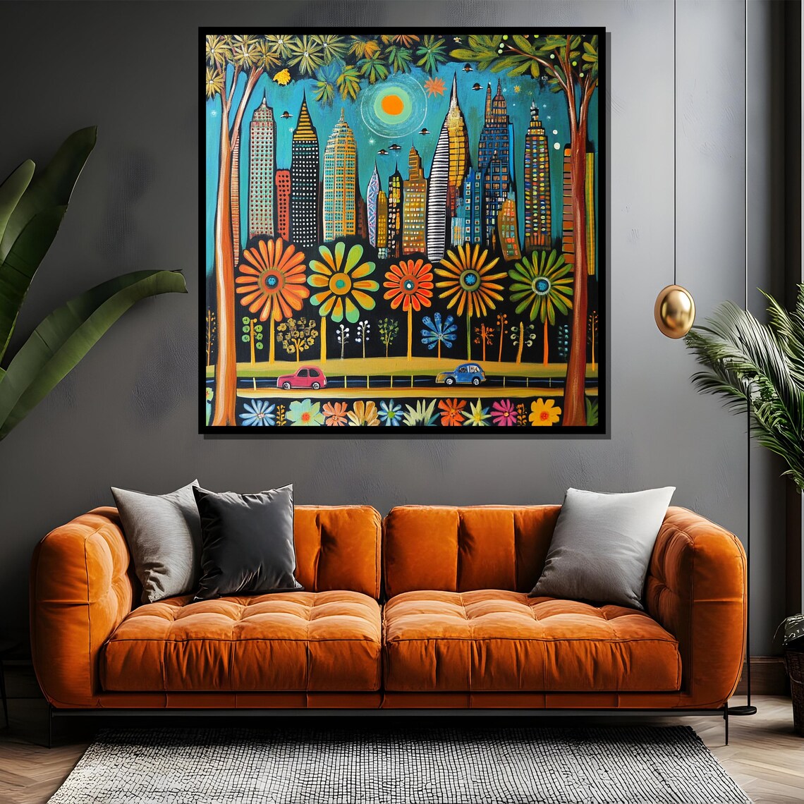 Colorful Whimsical City Skyline Flowers Folk Art Painting Poster - Image 5