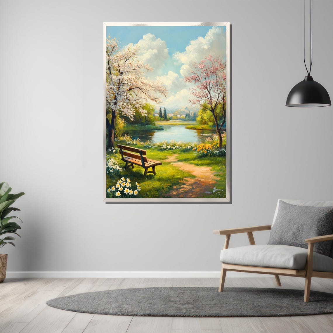 Serene Spring Landscape Painting With Blossoming Trees And Park Bench Peaceful Lakeside Scenery Wall Art For Home Decor Gift - Image 3