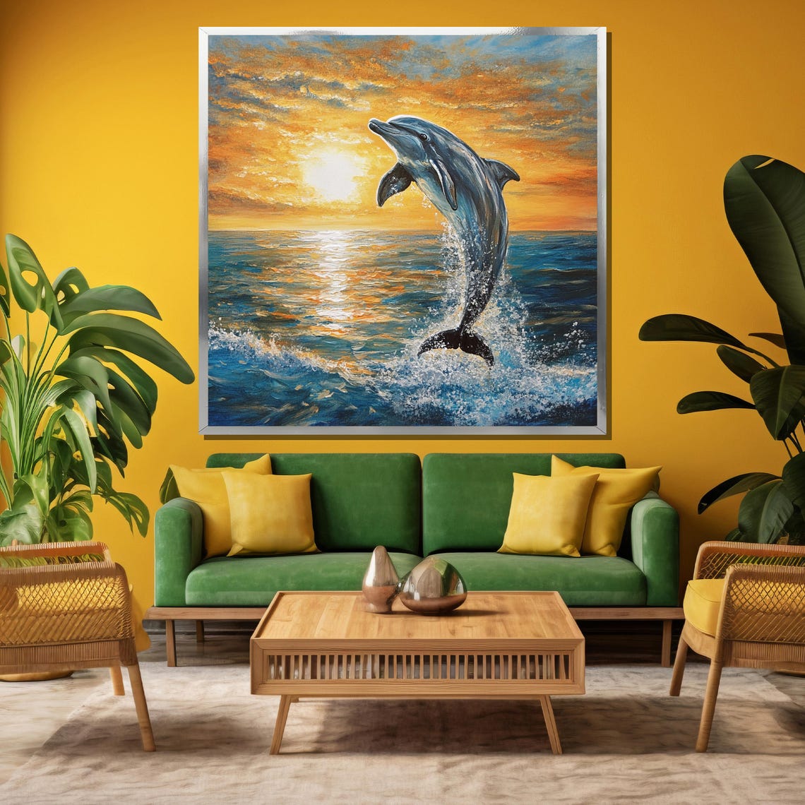Dolphin Leaping At Sunset Over A Sparkling Ocean Wave Poster - Image 3