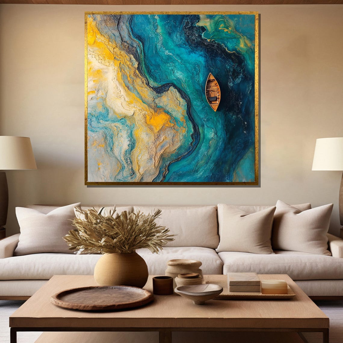 Abstract Turquoise River With Tiny Wooden Boat From Above Art Poster - Image 5