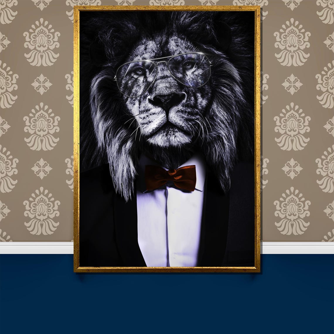 Dapper Lion in Tuxedo Glasses and Bow Tie Portrait Art Poster