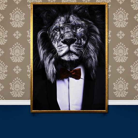 Dapper Lion in Tuxedo Glasses and Bow Tie Portrait Art Poster