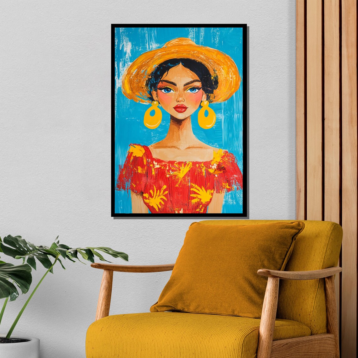 Colorful Summer Woman Portrait Straw Sun Hat Bright Blue Poster - Image 4