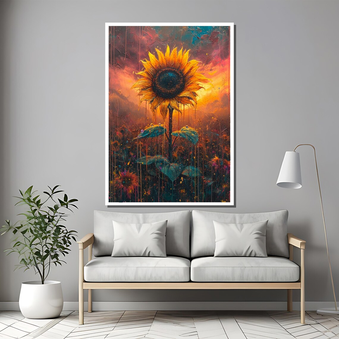 Lone Sunflower Against a Fiery Sunset Sky Dramatic Painting Poster - Image 2