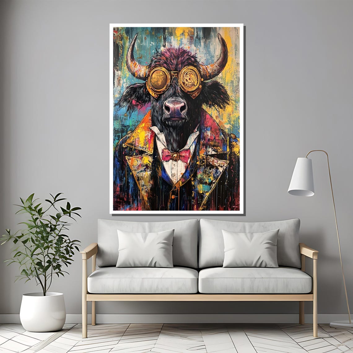 Goggles Up Steampunk Bull in Brass Goggles and Bowtie Art Poster - Image 2