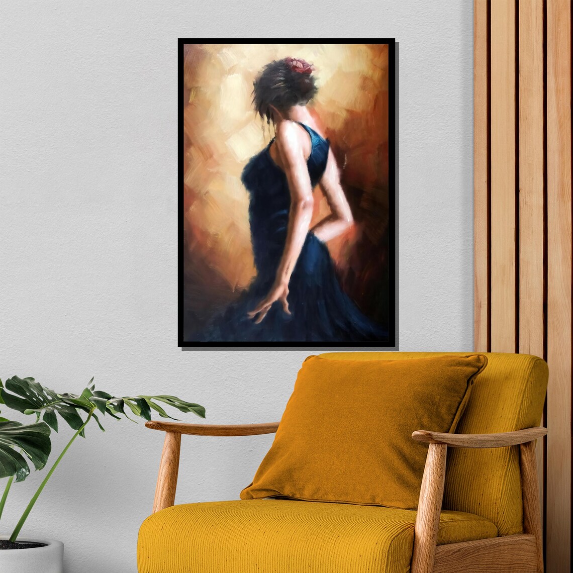 Woman In Navy Dress Warm Orange Abstract Elegant Romantic Art Poster - Image 4