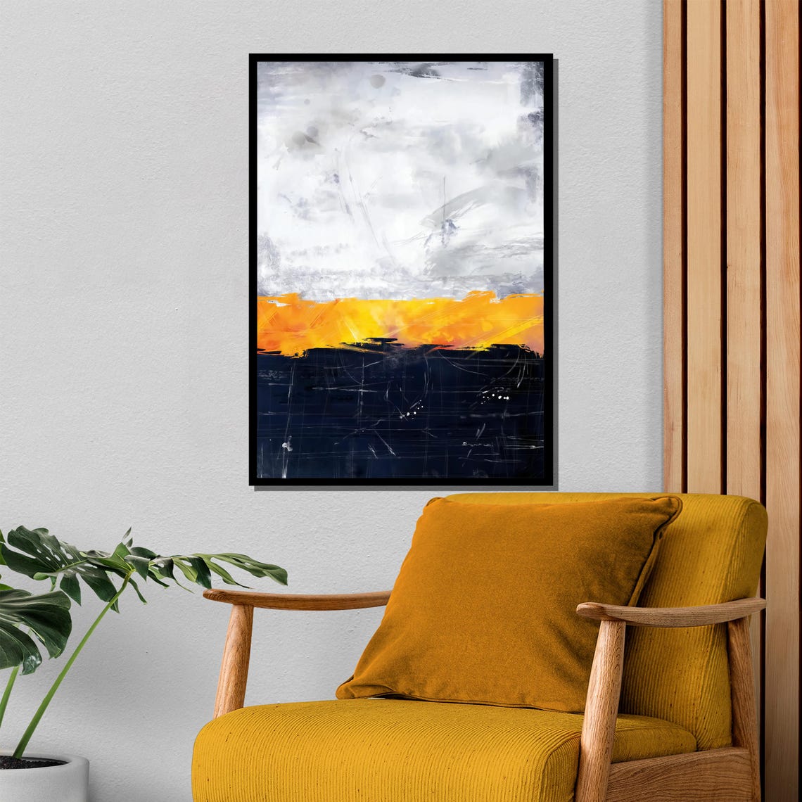 Modern Abstract Horizon Painting Captivating Blend Of Cloudy White Bold Yellow And Deep Blue Art Gift For Any Interior Decor - Image 4